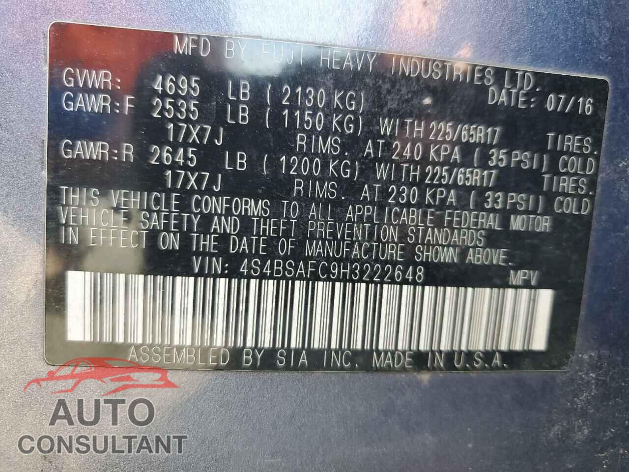 SUBARU OUTBACK 2017 - 4S4BSAFC9H3222648