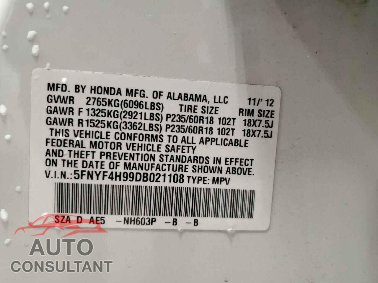 HONDA PILOT 2013 - 5FNYF4H99DB021108