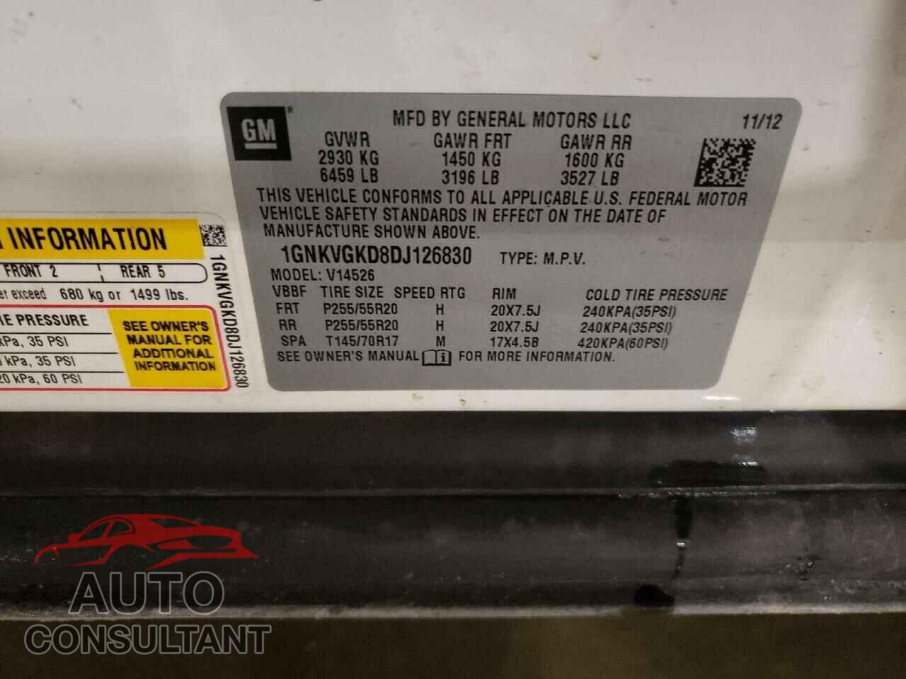 CHEVROLET TRAVERSE 2013 - 1GNKVGKD8DJ126830