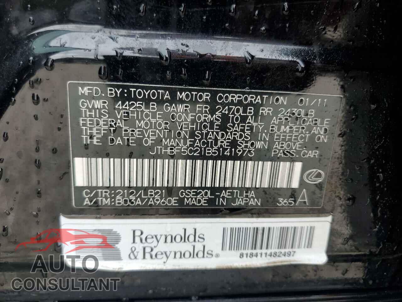 LEXUS IS 2011 - JTHBF5C21B5141973