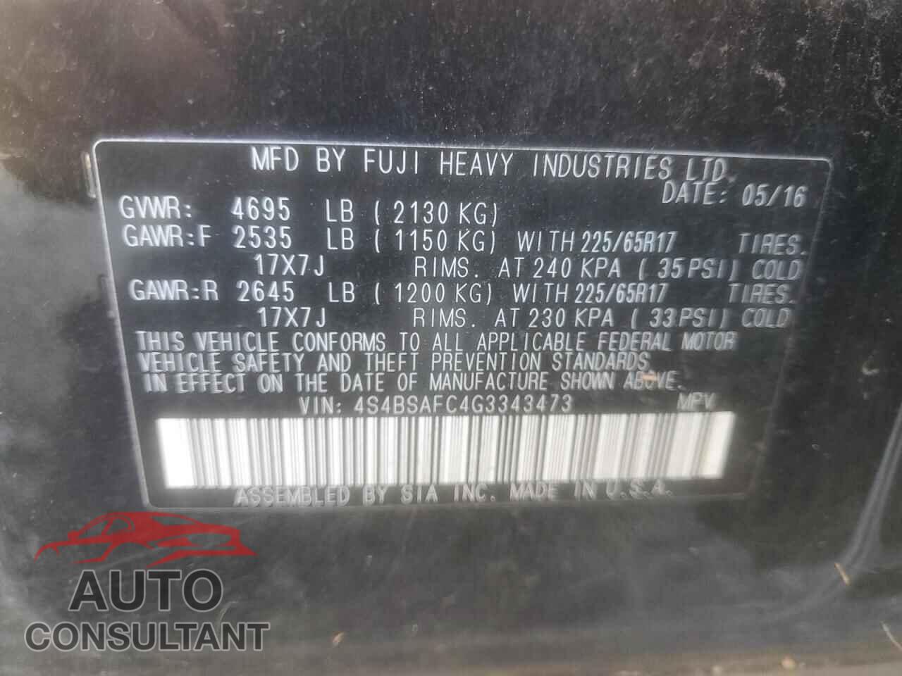 SUBARU OUTBACK 2016 - 4S4BSAFC4G3343473