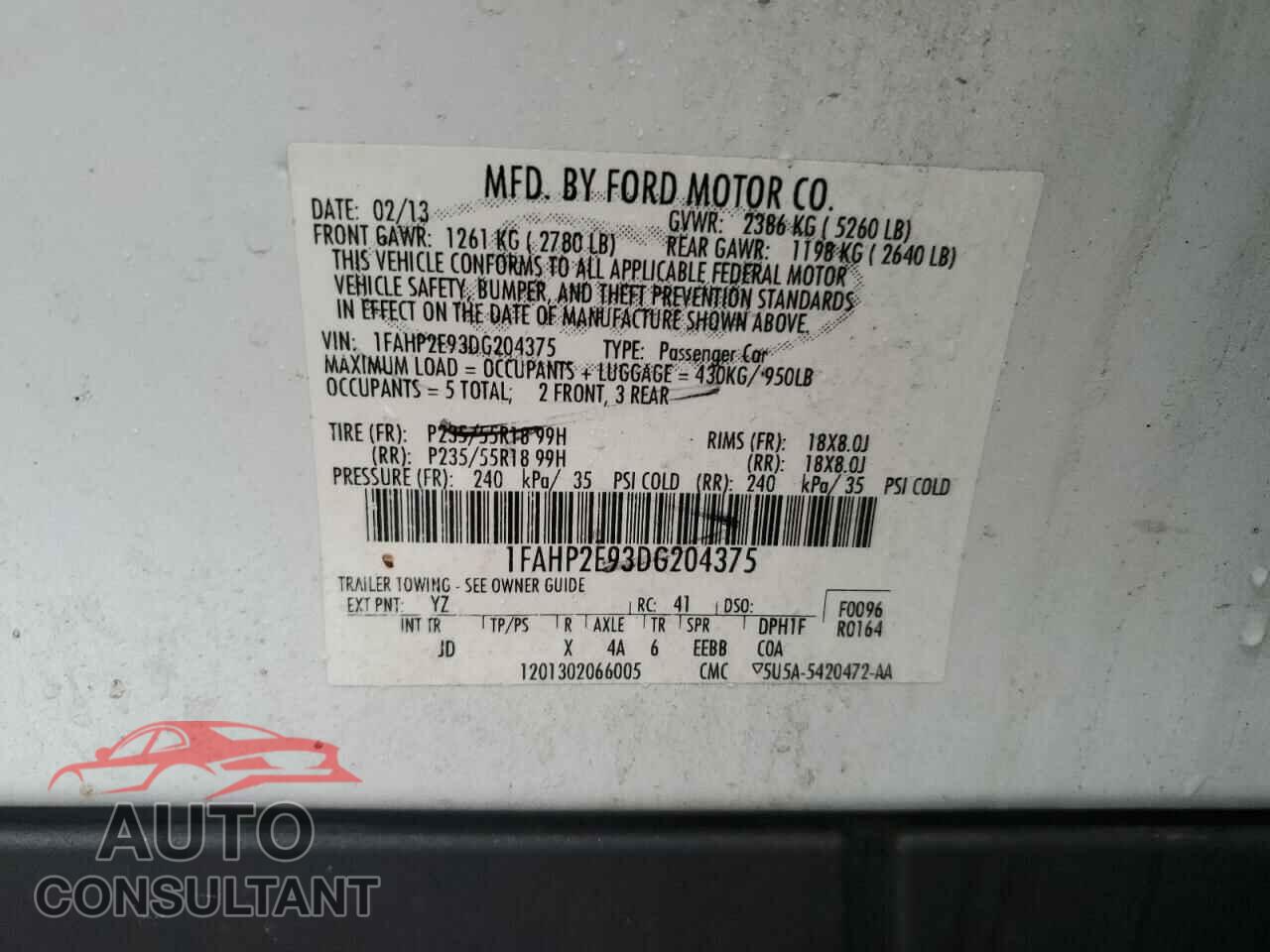 FORD TAURUS 2013 - 1FAHP2E93DG204375