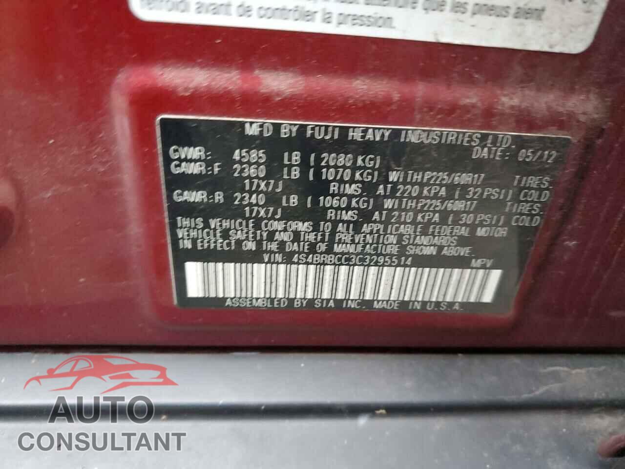 SUBARU OUTBACK 2012 - 4S4BRBCC3C3295514