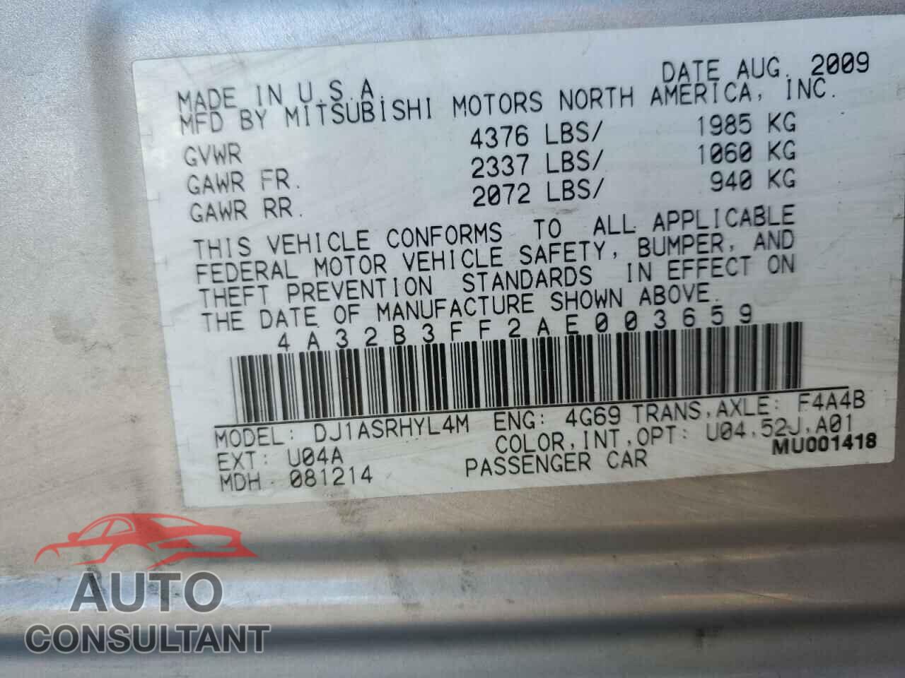MITSUBISHI GALANT 2010 - 4A32B3FF2AE003659
