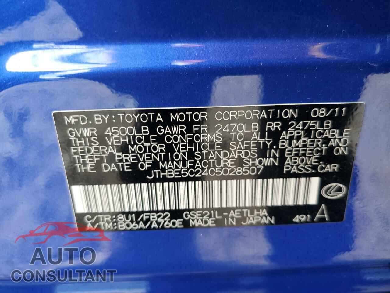 LEXUS IS 2012 - JTHBE5C24C5028507