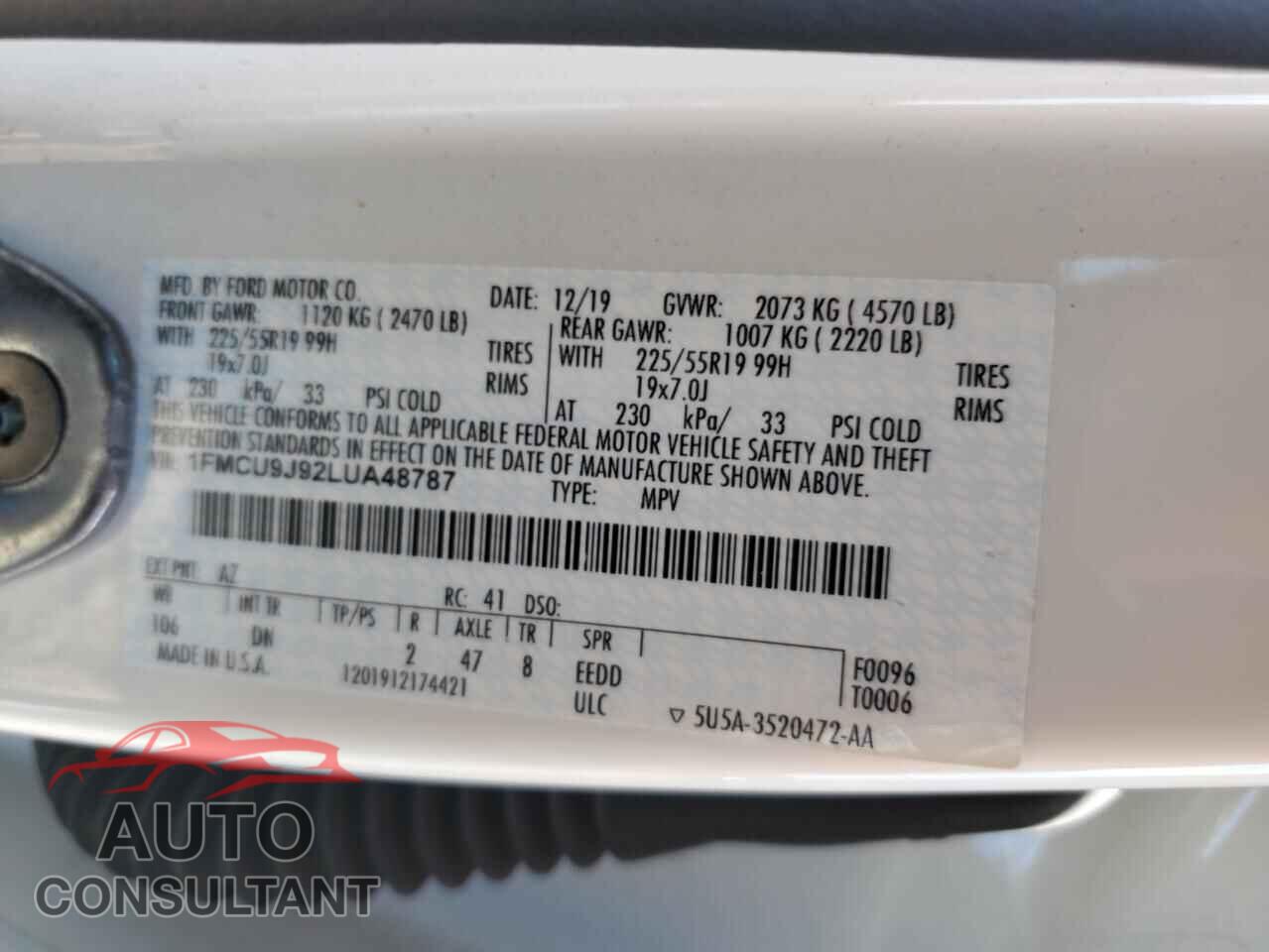 FORD ESCAPE 2020 - 1FMCU9J92LUA48787