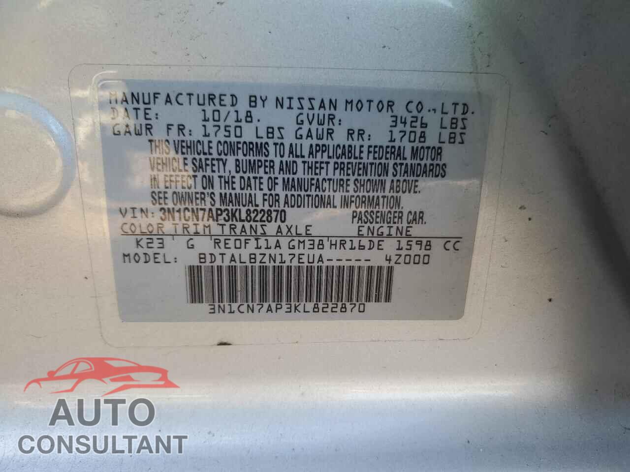 NISSAN VERSA 2019 - 3N1CN7AP3KL822870