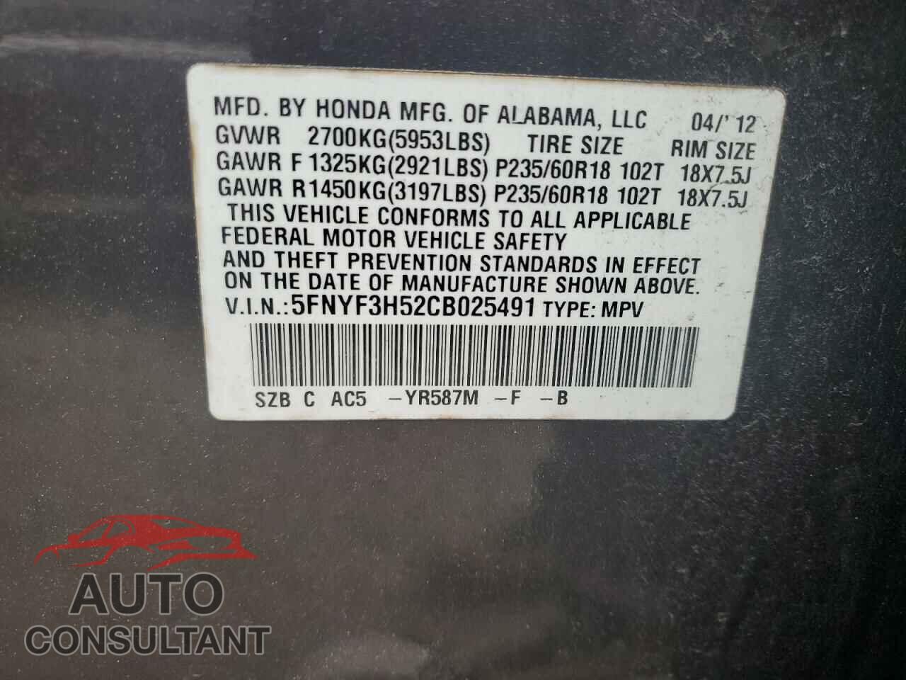 HONDA PILOT 2012 - 5FNYF3H52CB025491