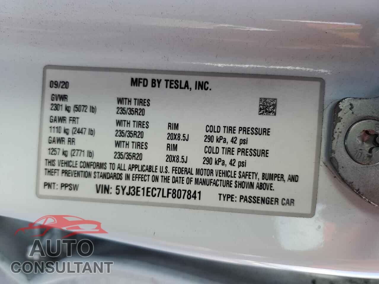 TESLA MODEL 3 2020 - 5YJ3E1EC7LF807841