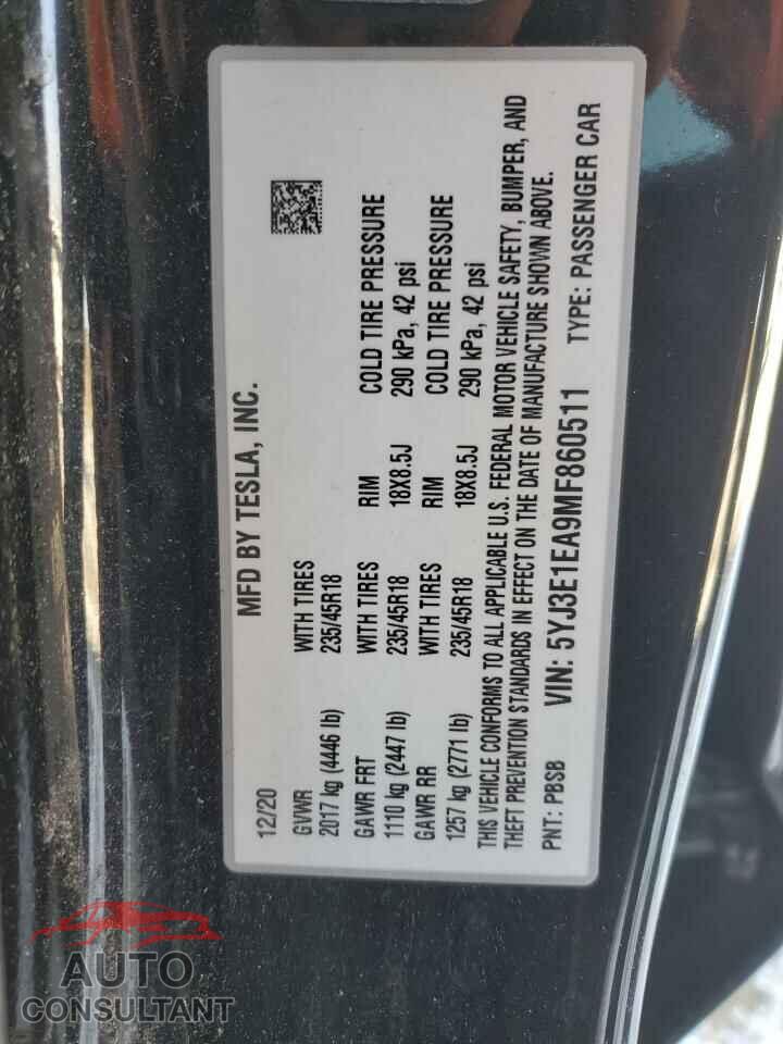 TESLA MODEL 3 2021 - 5YJ3E1EA9MF860511