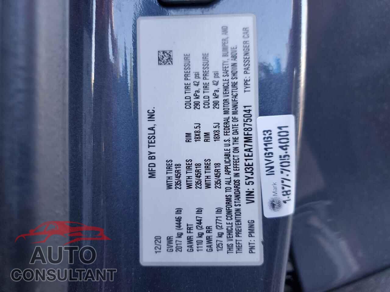 TESLA MODEL 3 2021 - 5YJ3E1EA7MF875041