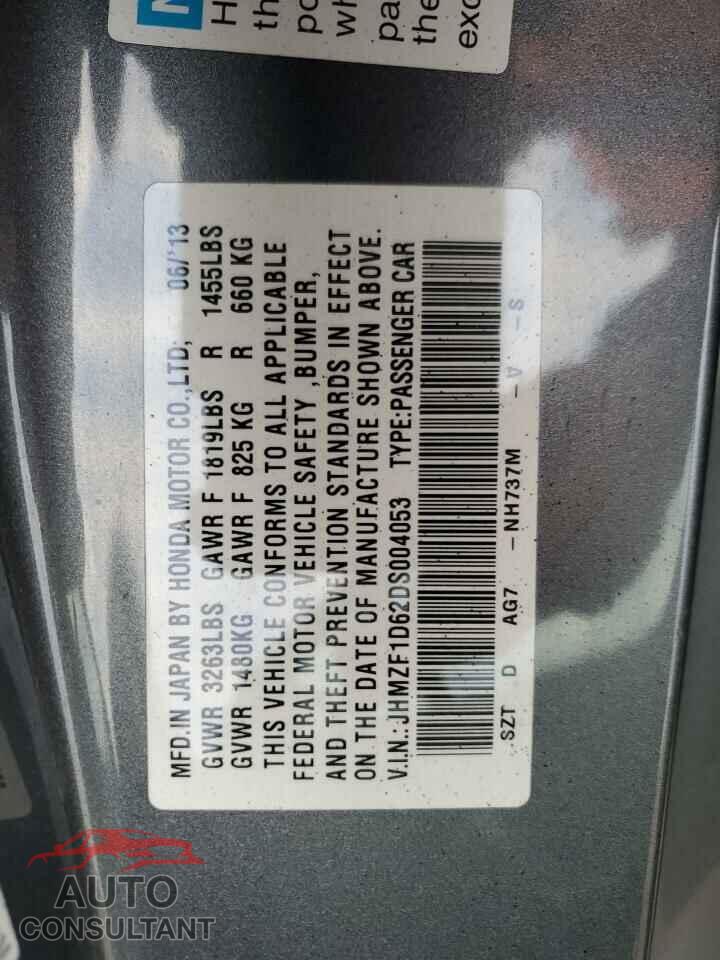 HONDA CRZ 2013 - JHMZF1D62DS004053