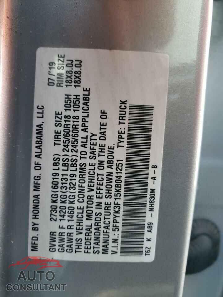 HONDA RIDGELINE 2019 - 5FPYK3F15KB041251