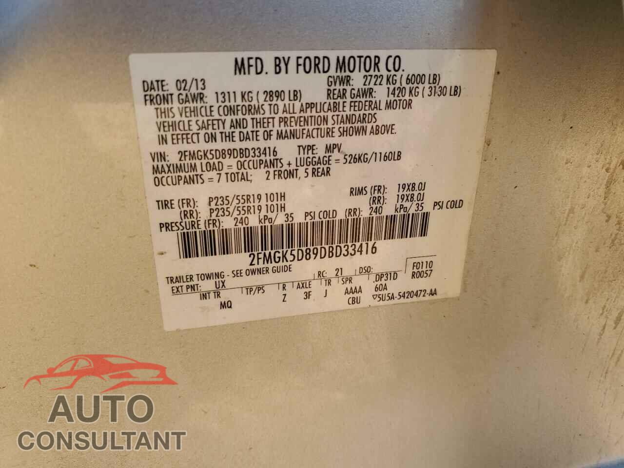 FORD FLEX 2013 - 2FMGK5D89DBD33416