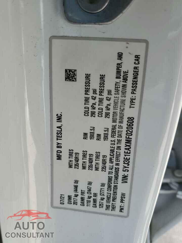 TESLA MODEL 3 2021 - 5YJ3E1EAXMF020608