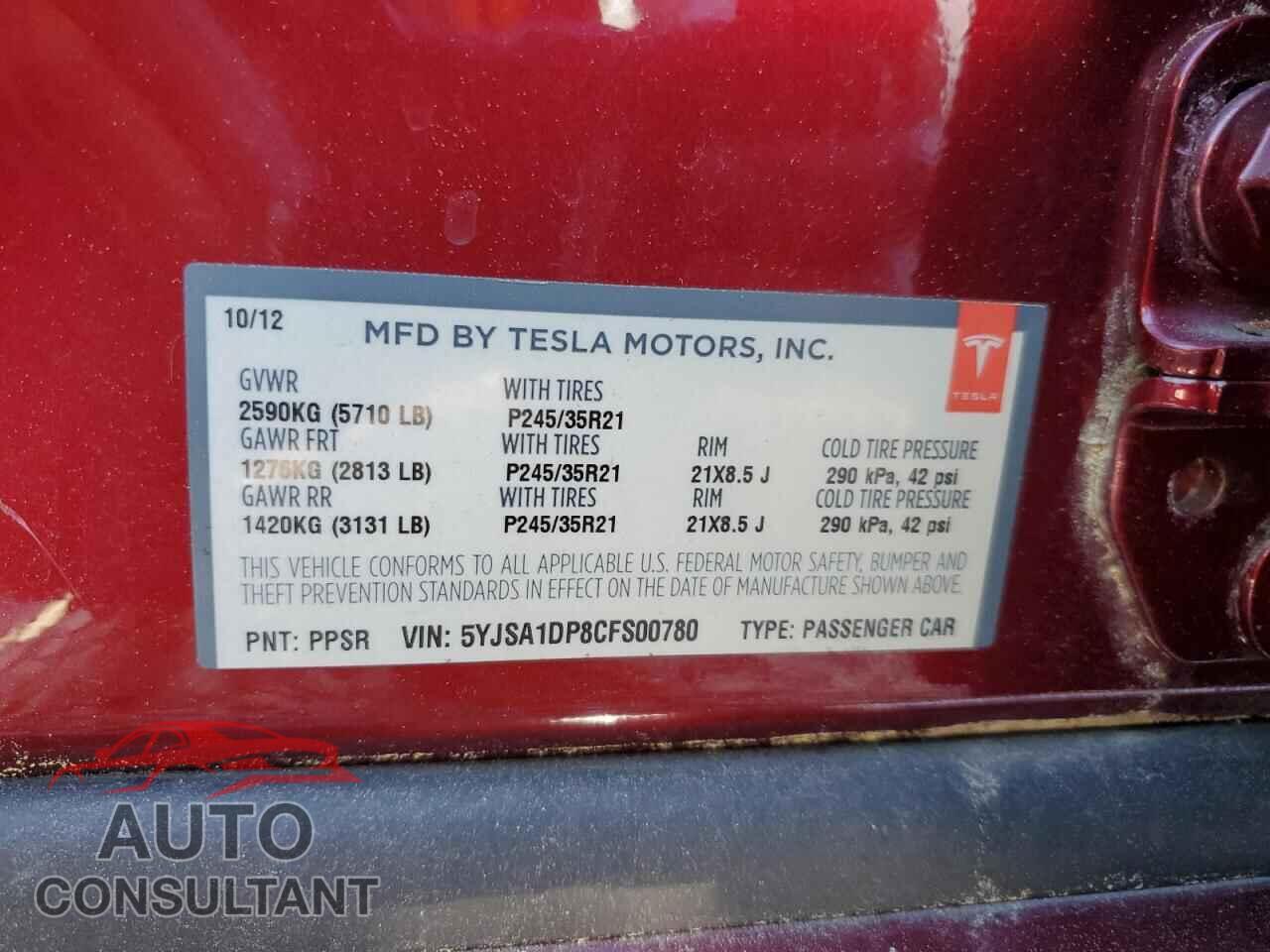 TESLA MODEL S 2012 - 5YJSA1DP8CFS00780
