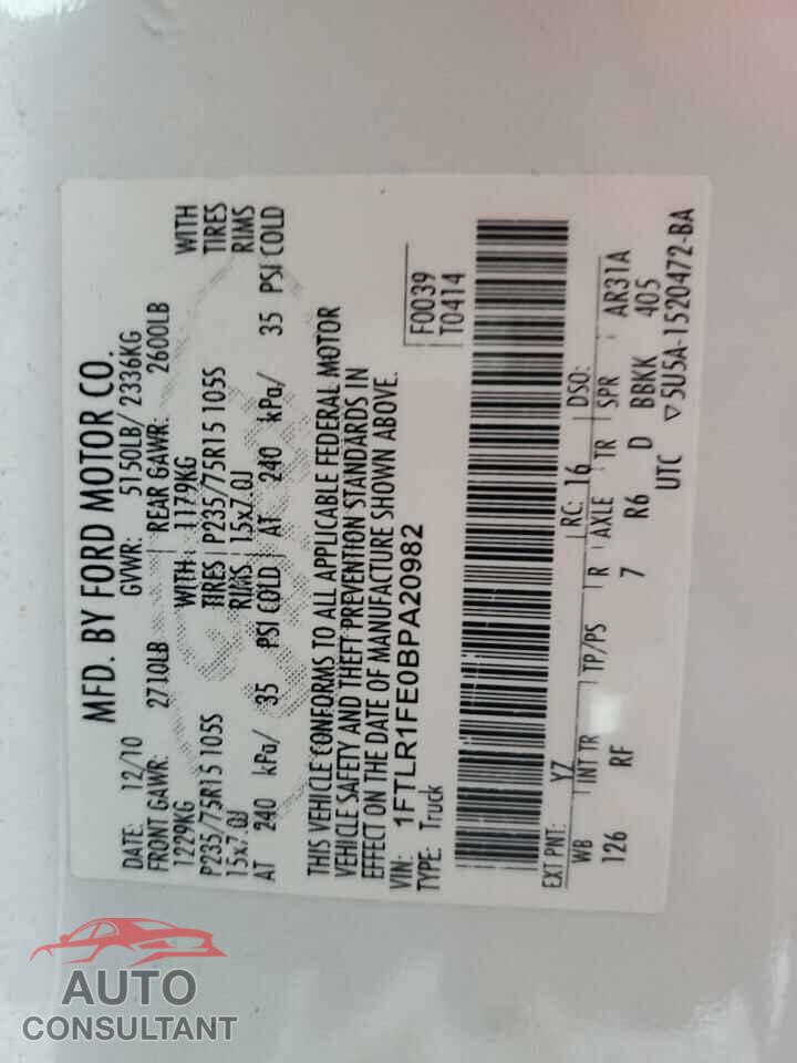 FORD RANGER 2011 - 1FTLR1FE0BPA20982