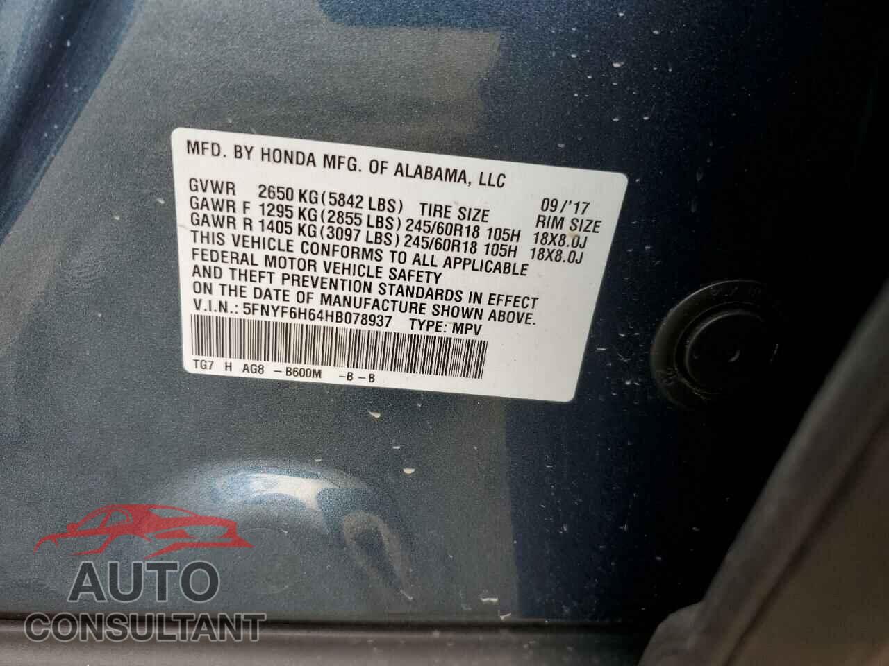 HONDA PILOT 2017 - 5FNYF6H64HB078937