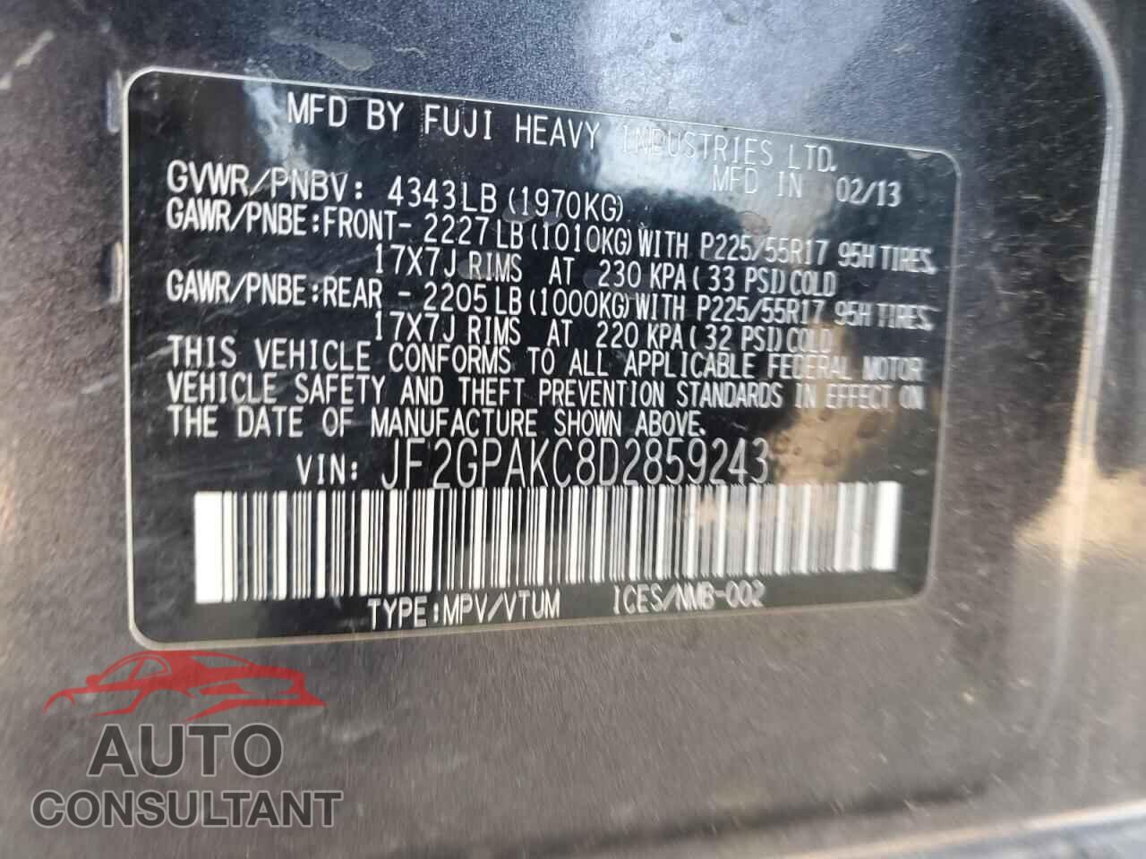 SUBARU XV 2013 - JF2GPAKC8D2859243