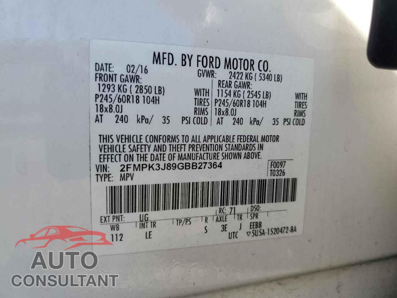 FORD EDGE 2016 - 2FMPK3J89GBB27364
