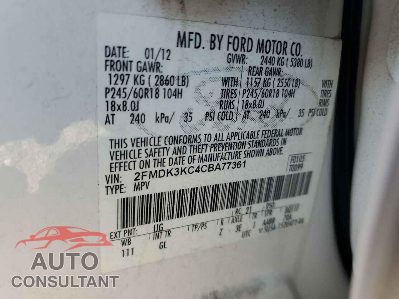 FORD EDGE 2012 - 2FMDK3KC4CBA77361