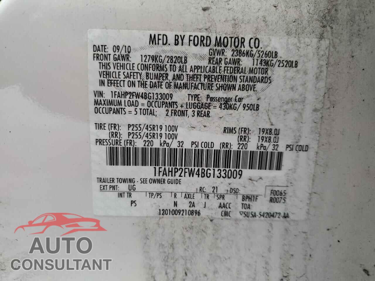 FORD TAURUS 2011 - 1FAHP2FW4BG133009