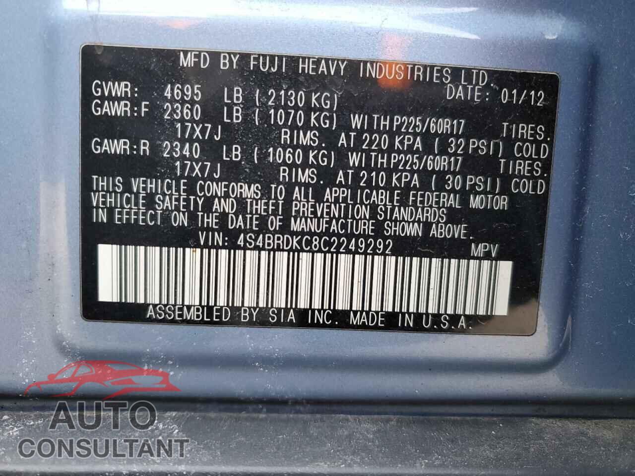 SUBARU OUTBACK 2012 - 4S4BRDKC8C2249292