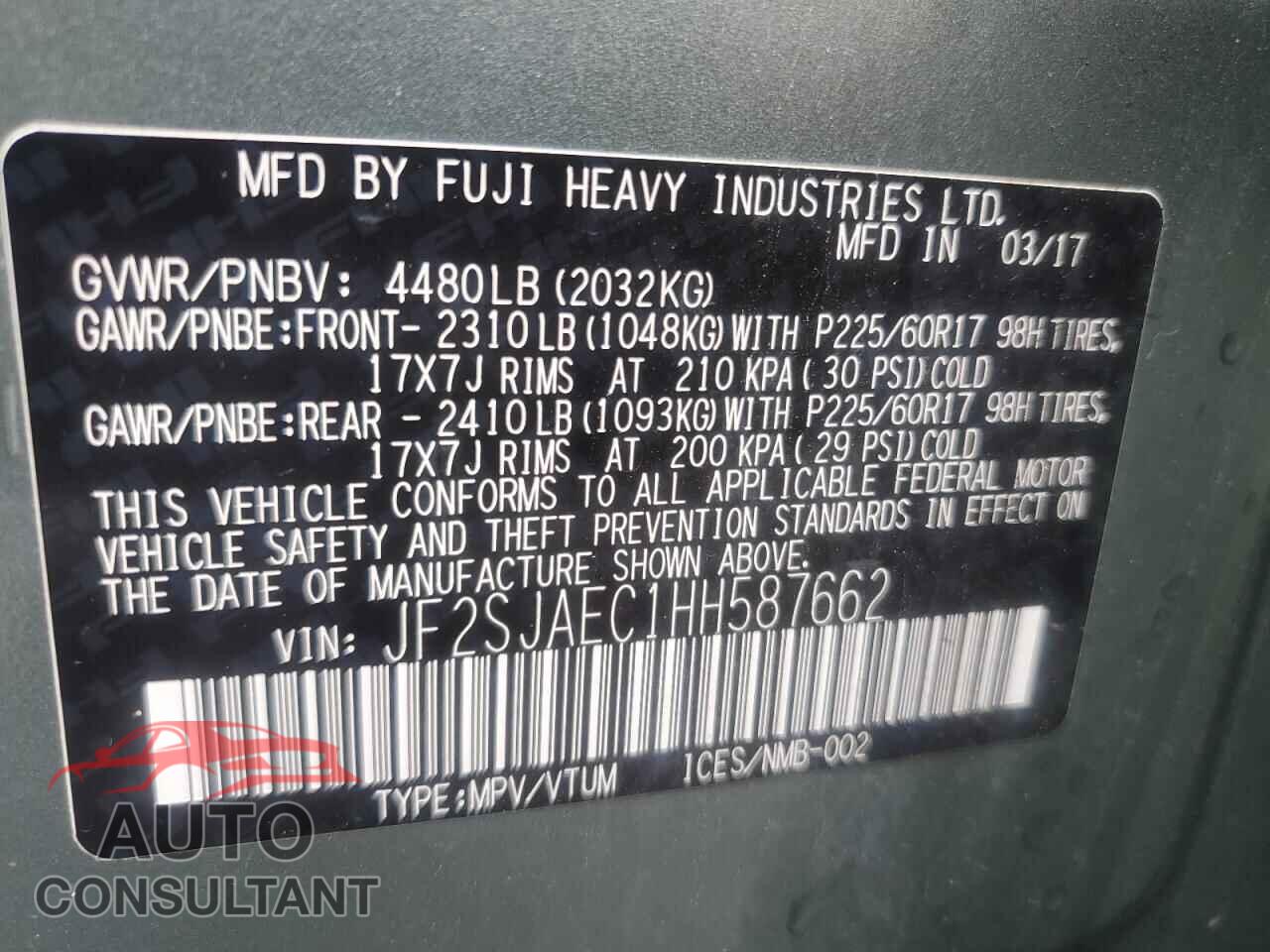 SUBARU FORESTER 2017 - JF2SJAEC1HH587662