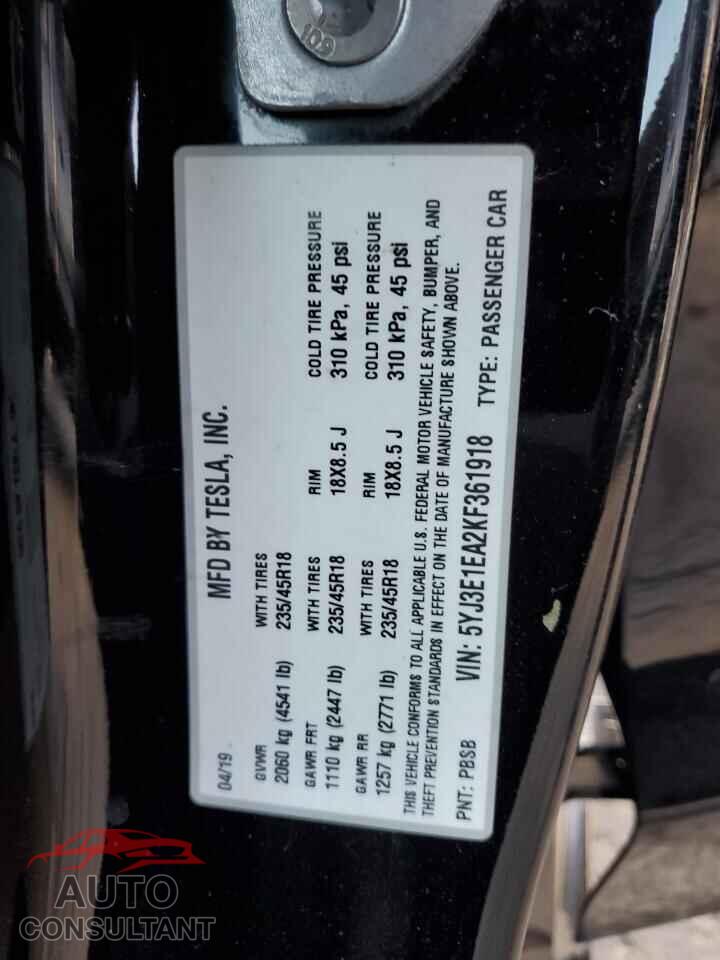 TESLA MODEL 3 2019 - 5YJ3E1EA2KF361918