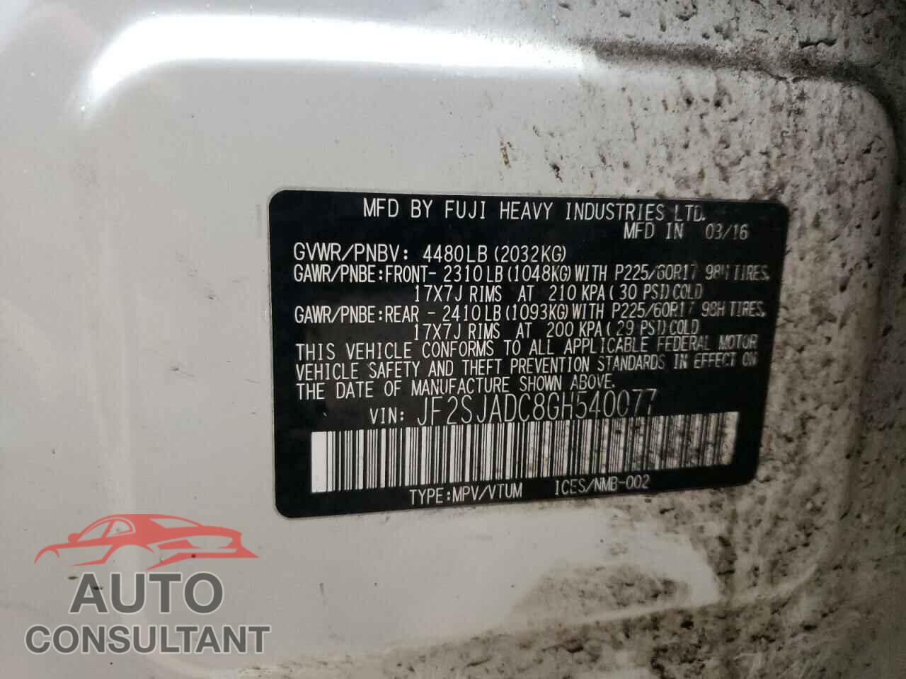 SUBARU FORESTER 2016 - JF2SJADC8GH540077