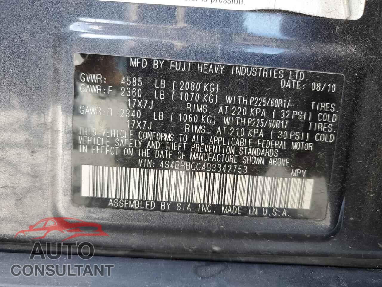 SUBARU OUTBACK 2011 - 4S4BRBGC4B3342753