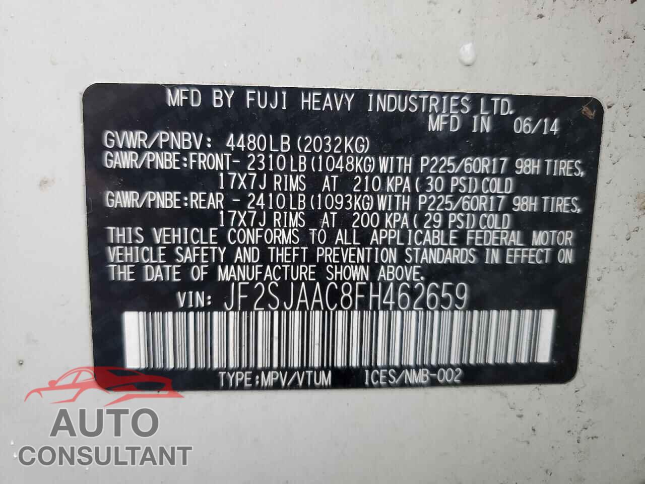 SUBARU FORESTER 2015 - JF2SJAAC8FH462659