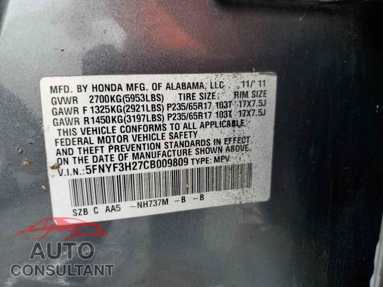 HONDA PILOT 2012 - 5FNYF3H27CB009809