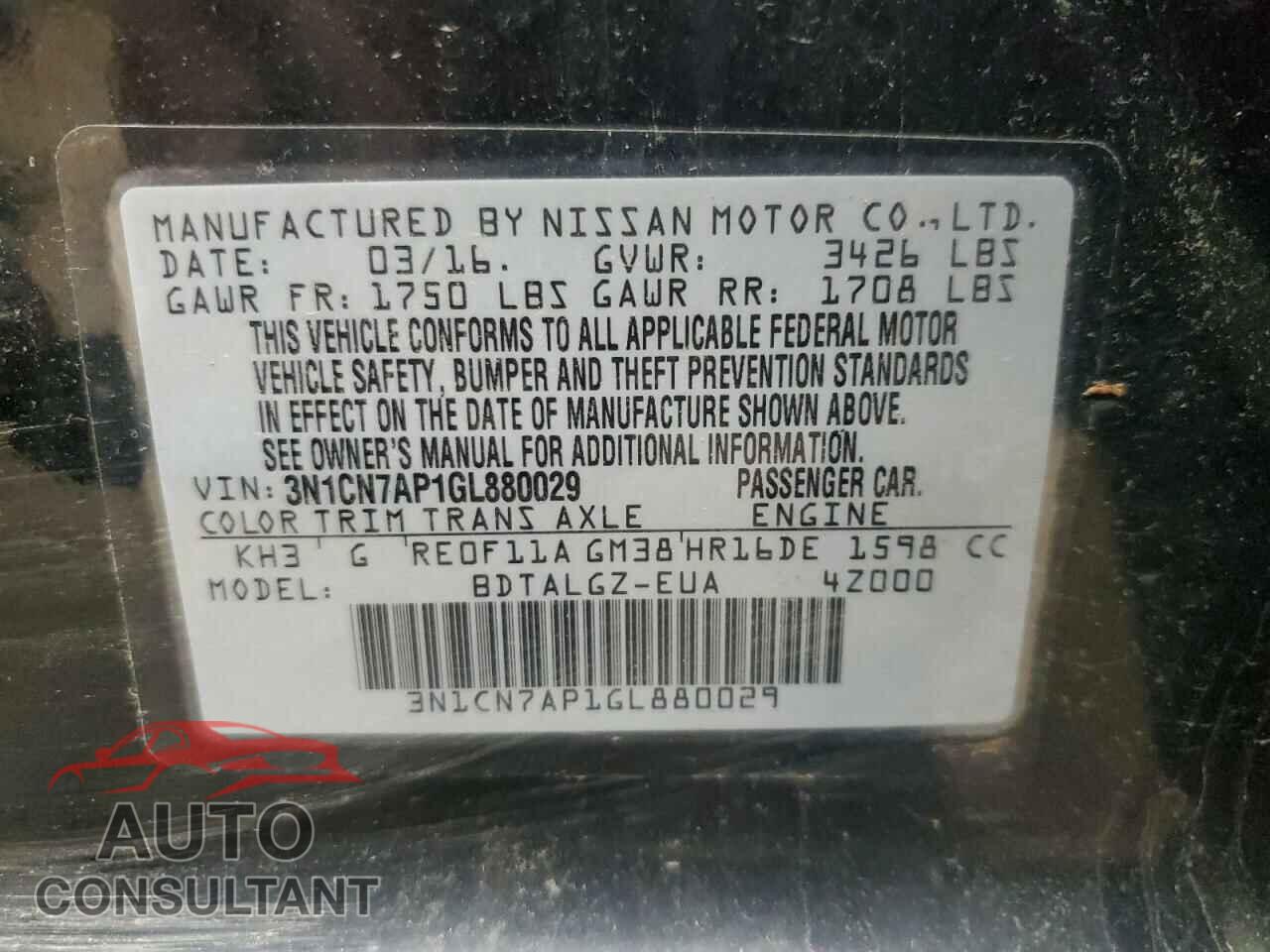 NISSAN VERSA 2016 - 3N1CN7AP1GL880029