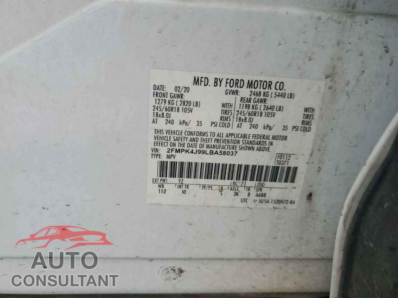 FORD EDGE 2020 - 2FMPK4J99LBA58037