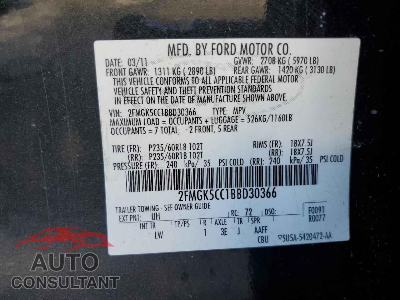 FORD FLEX 2011 - 2FMGK5CC1BBD30366