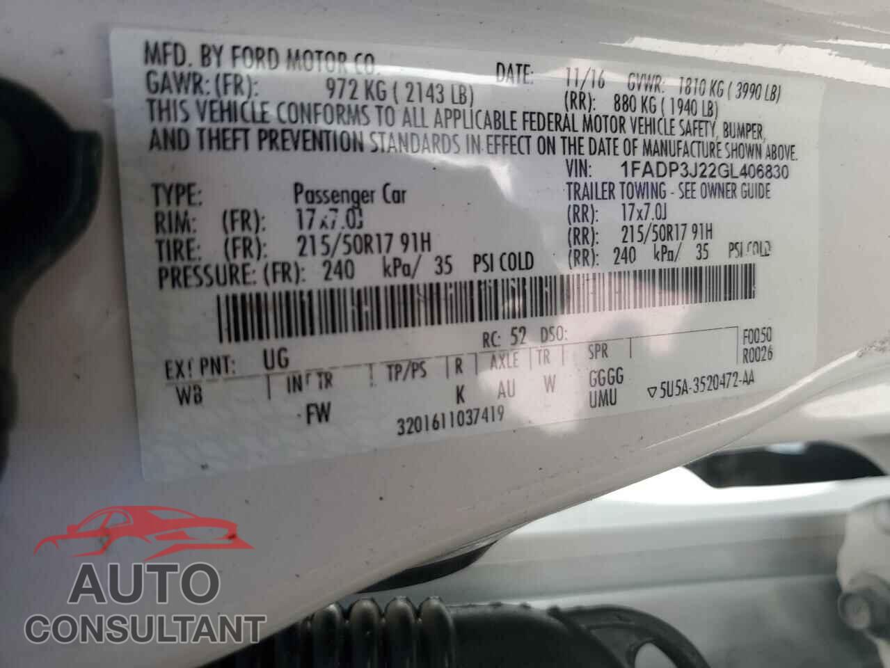 FORD FOCUS 2016 - 1FADP3J22GL406830