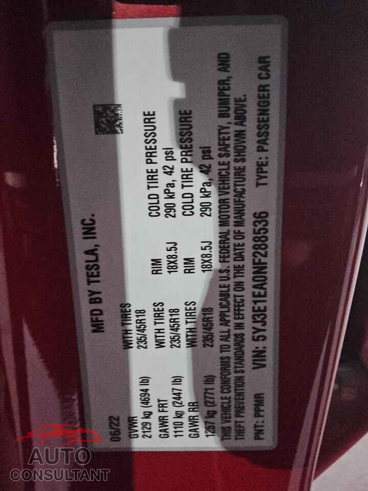 TESLA MODEL 3 2022 - 5YJ3E1EA0NF288536