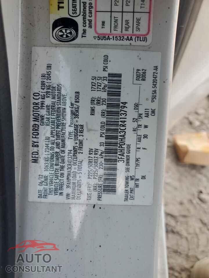FORD FUSION 2012 - 3FAHP0HA3CR413794