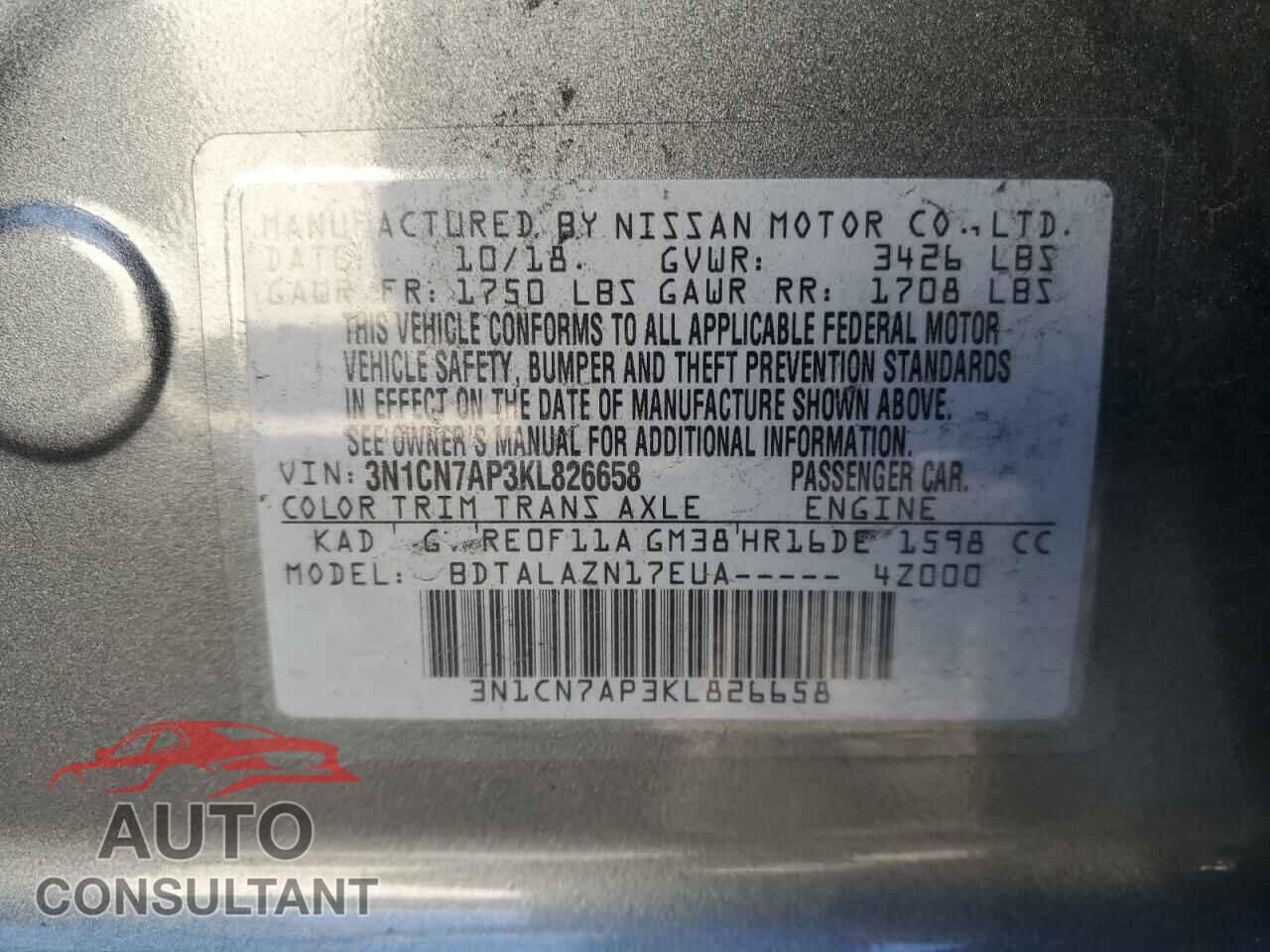 NISSAN VERSA 2019 - 3N1CN7AP3KL826658
