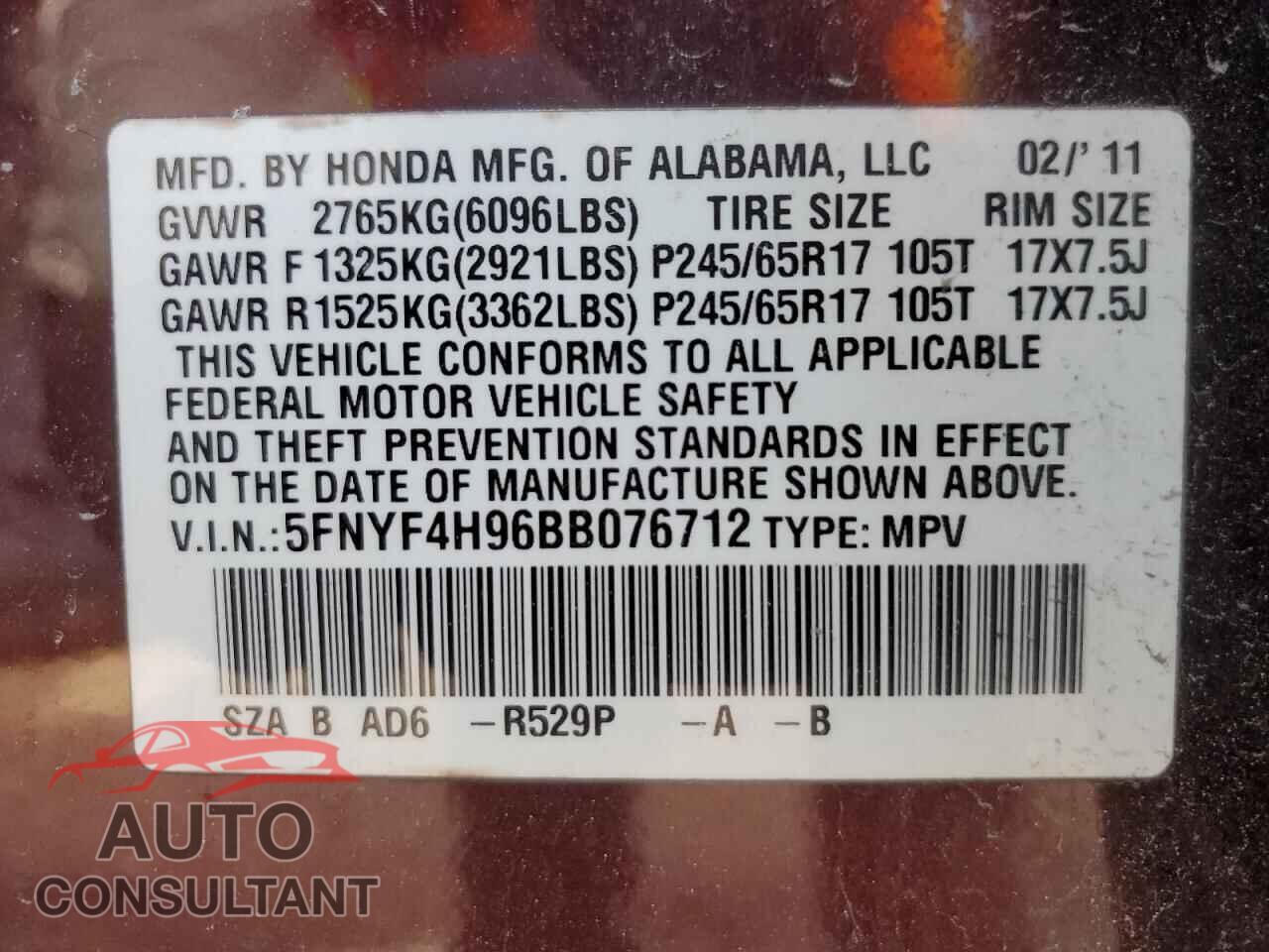 HONDA PILOT 2011 - 5FNYF4H96BB076712