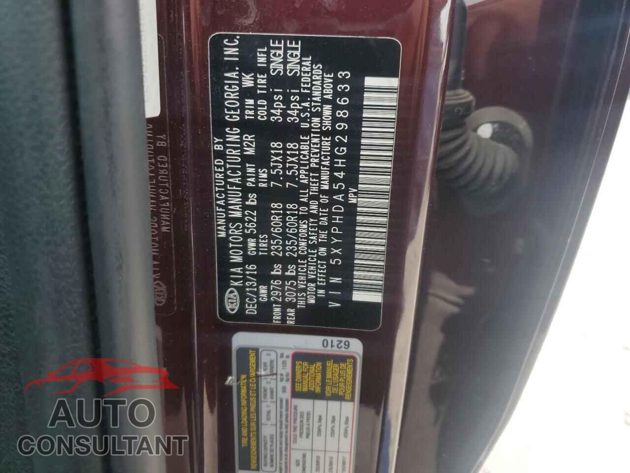 KIA SORENTO 2017 - 5XYPHDA54HG298633