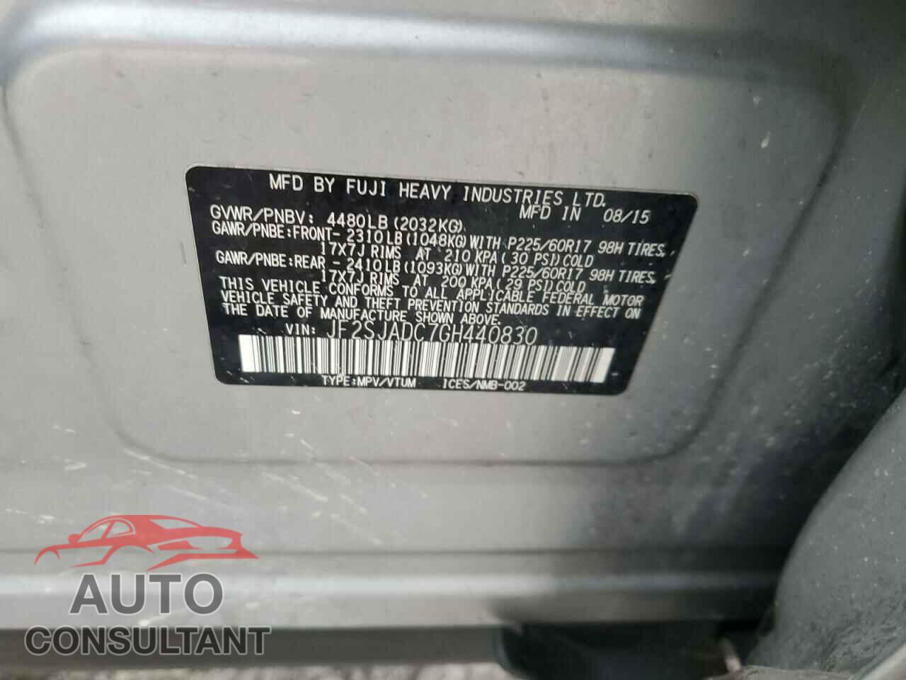 SUBARU FORESTER 2016 - JF2SJADC7GH440830