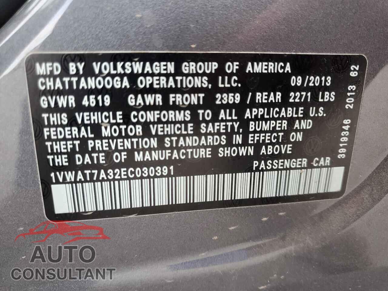 VOLKSWAGEN PASSAT 2014 - 1VWAT7A32EC030391