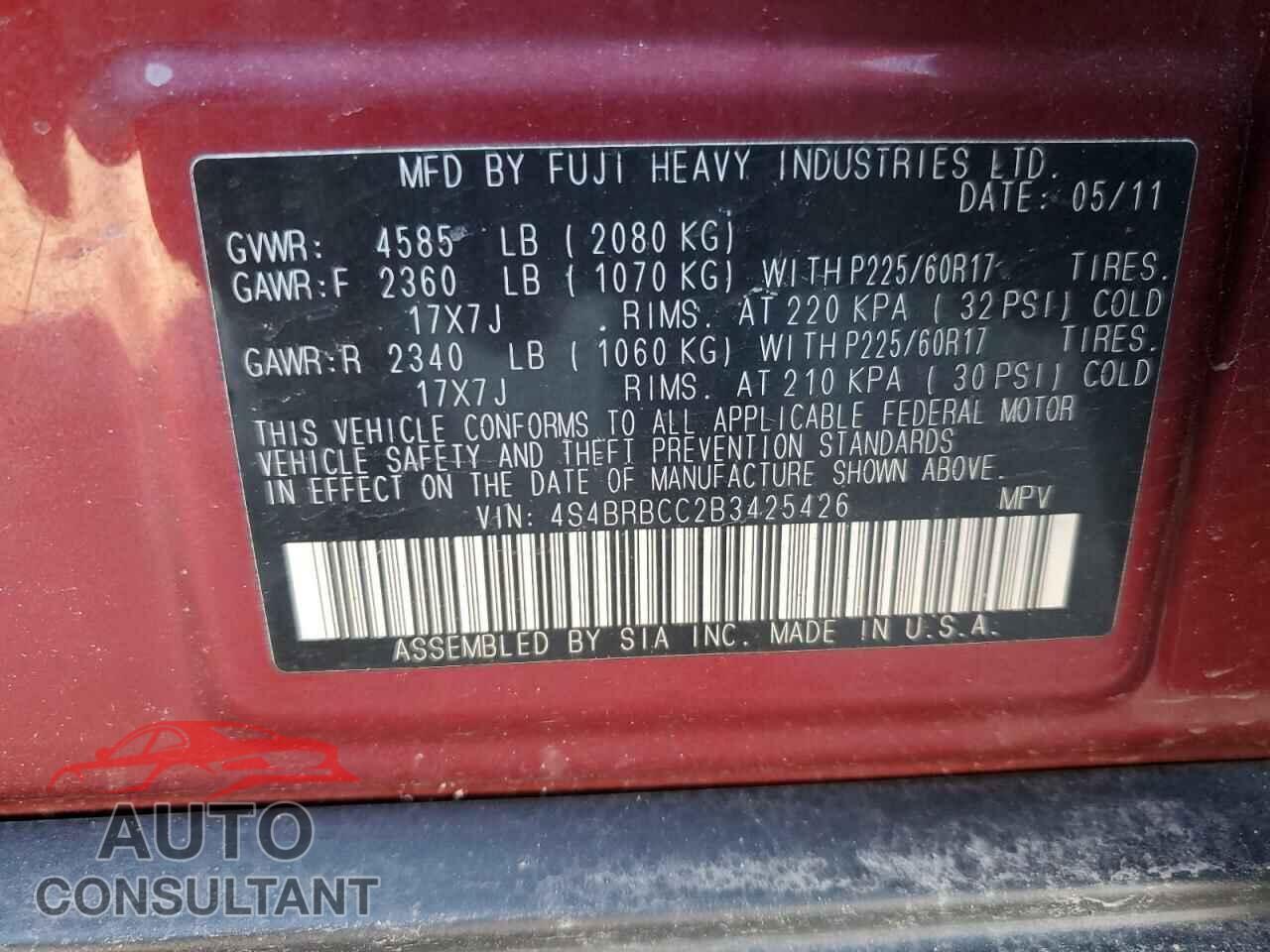 SUBARU OUTBACK 2011 - 4S4BRBCC2B3425426