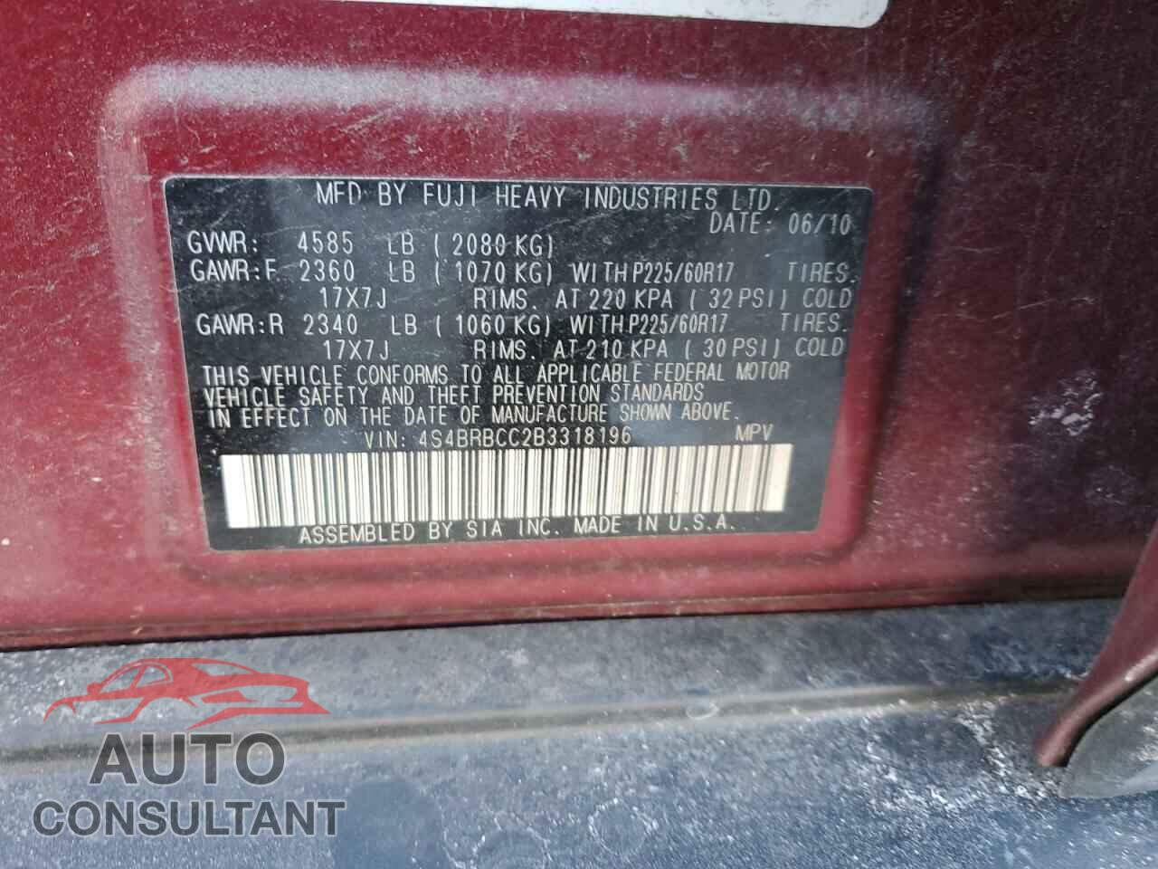 SUBARU OUTBACK 2011 - 4S4BRBCC2B3318196