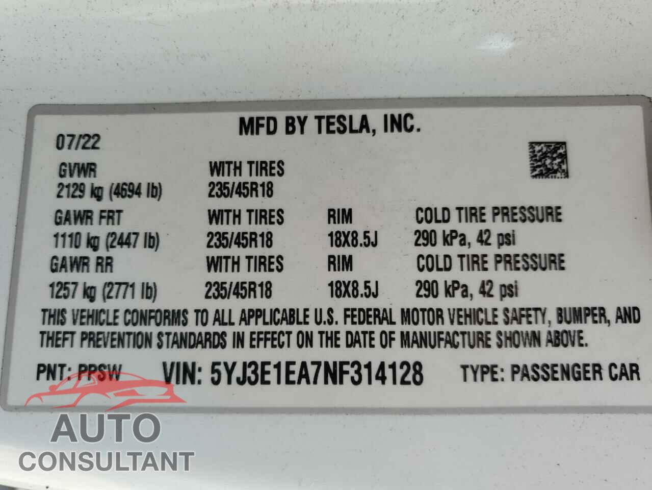 TESLA MODEL 3 2022 - 5YJ3E1EA7NF314128