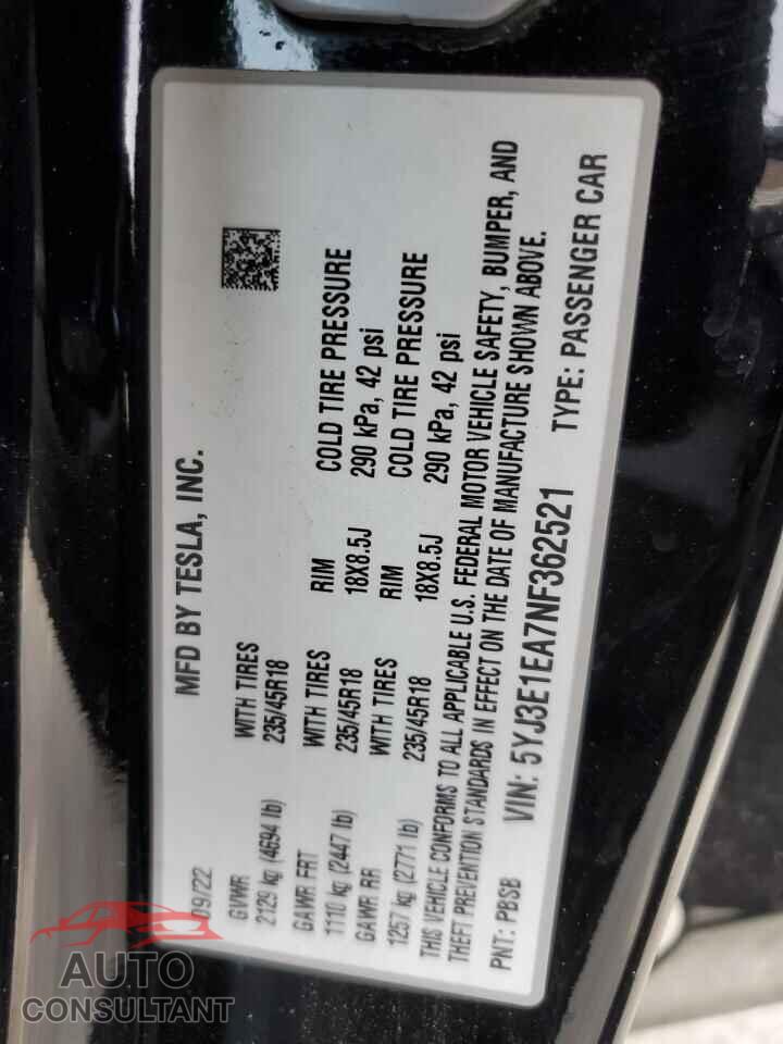 TESLA MODEL 3 2022 - 5YJ3E1EA7NF362521