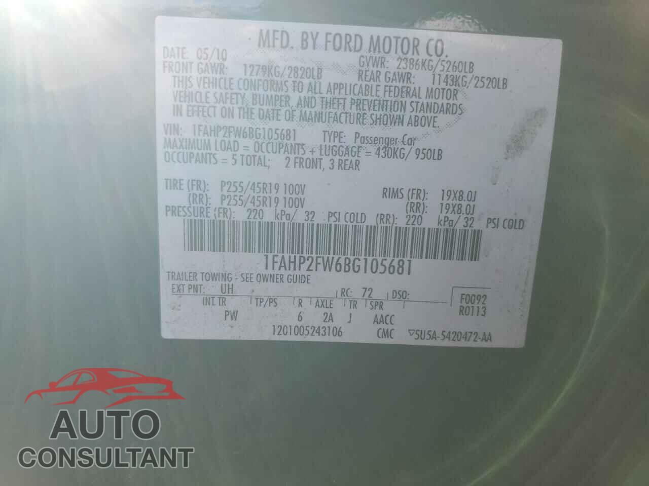 FORD TAURUS 2011 - 1FAHP2FW6BG105681