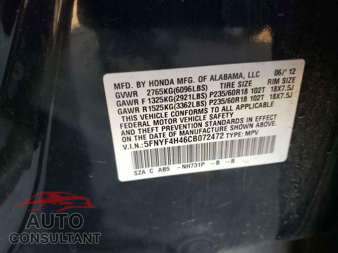 HONDA PILOT 2012 - 5FNYF4H46CB072472